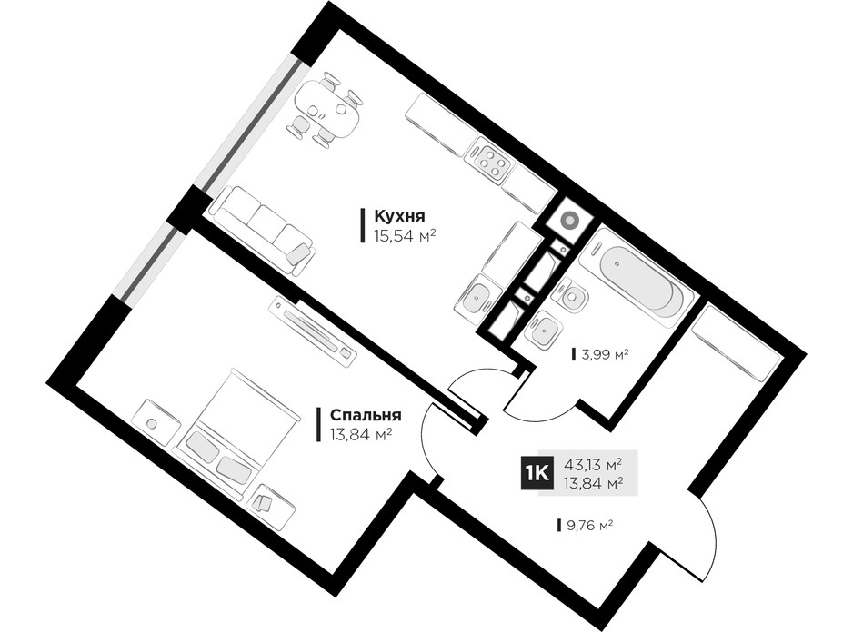 Планировка 1-комнатной квартиры в ЖК ARTHOUSE park 43.13 м², фото 235731 Планировка 1-комнатной квартиры в ЖК ARTHOUSE park 43.13 м², фото 235731