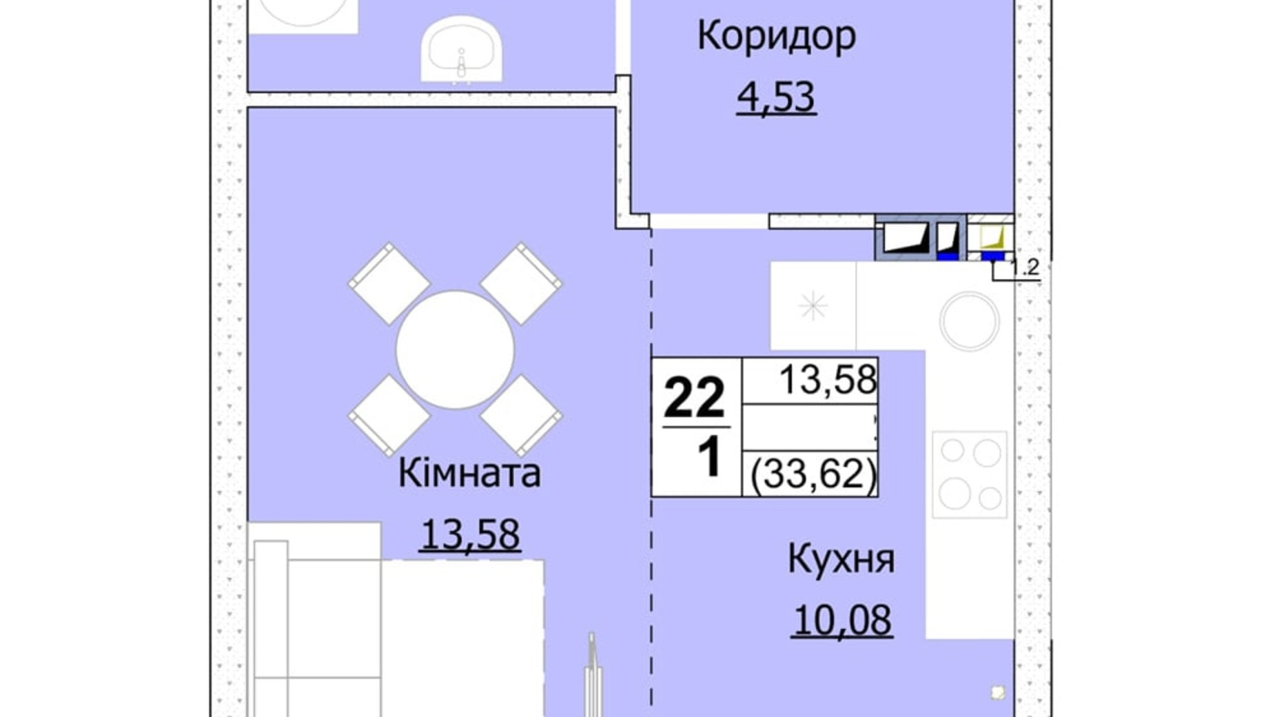 Планування 1-кімнатної квартири в ЖК Гостомель Сіті 34 м², фото 235739