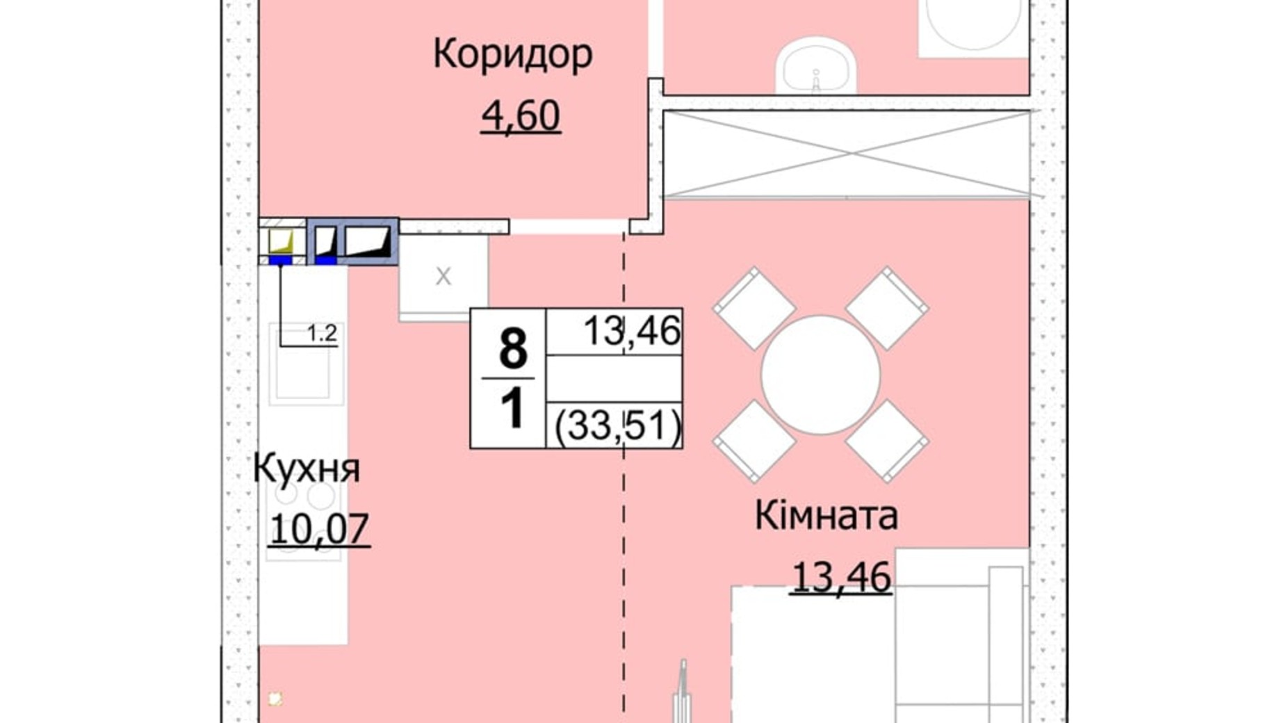 Планировка 1-комнатной квартиры в ЖК Гостомель Сити 34 м², фото 235740