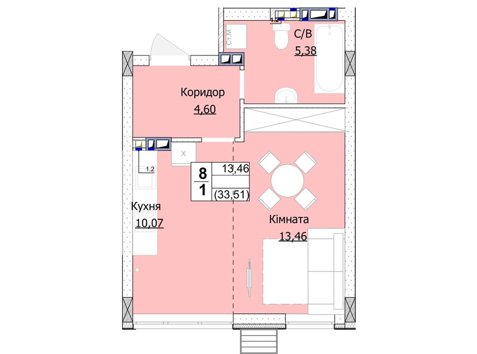 Планування 1-кімнатної квартири в ЖК Гостомель Сіті 34 м², фото 235740 Планування 1-кімнатної квартири в ЖК Гостомель Сіті 34 м², фото 235740