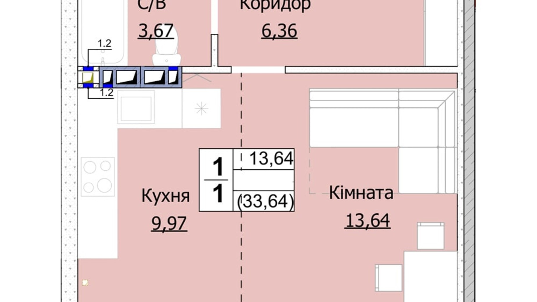 Планировка 1-комнатной квартиры в ЖК Гостомель Сити 34 м², фото 235741