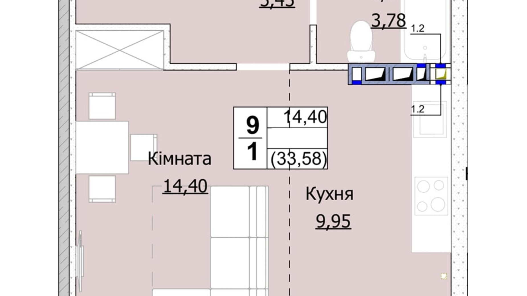 Планування 1-кімнатної квартири в ЖК Гостомель Сіті 34 м², фото 235742