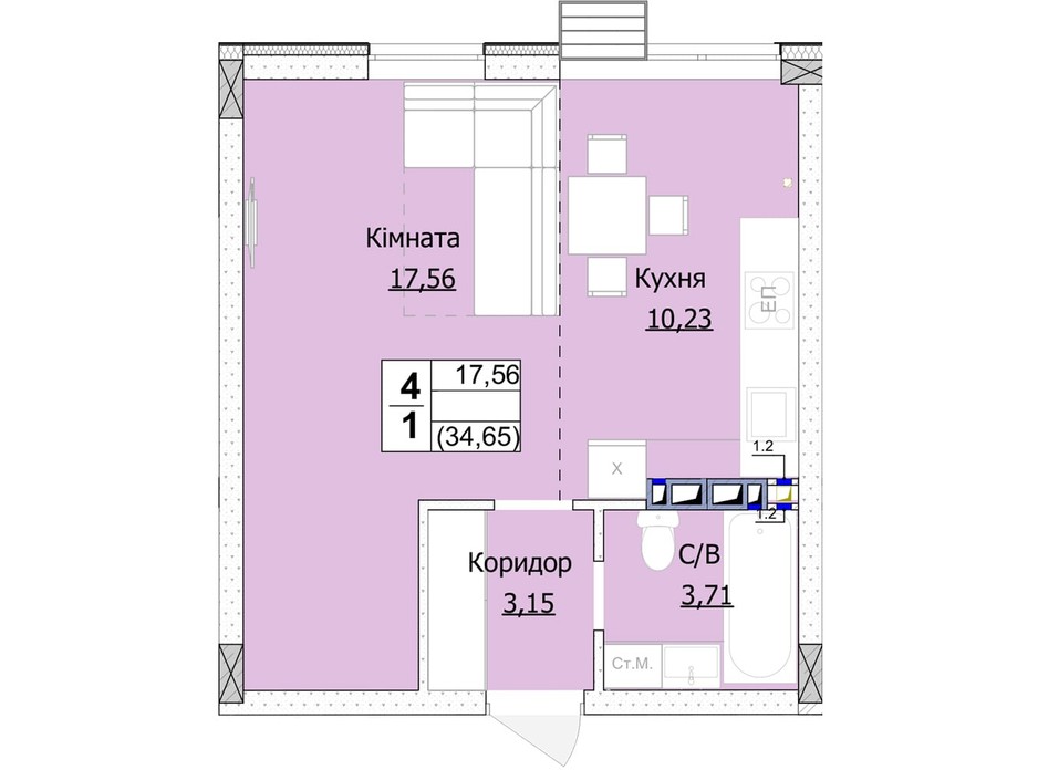 Планування 1-кімнатної квартири в ЖК Гостомель Сіті 35 м², фото 235743 Планування 1-кімнатної квартири в ЖК Гостомель Сіті 35 м², фото 235743