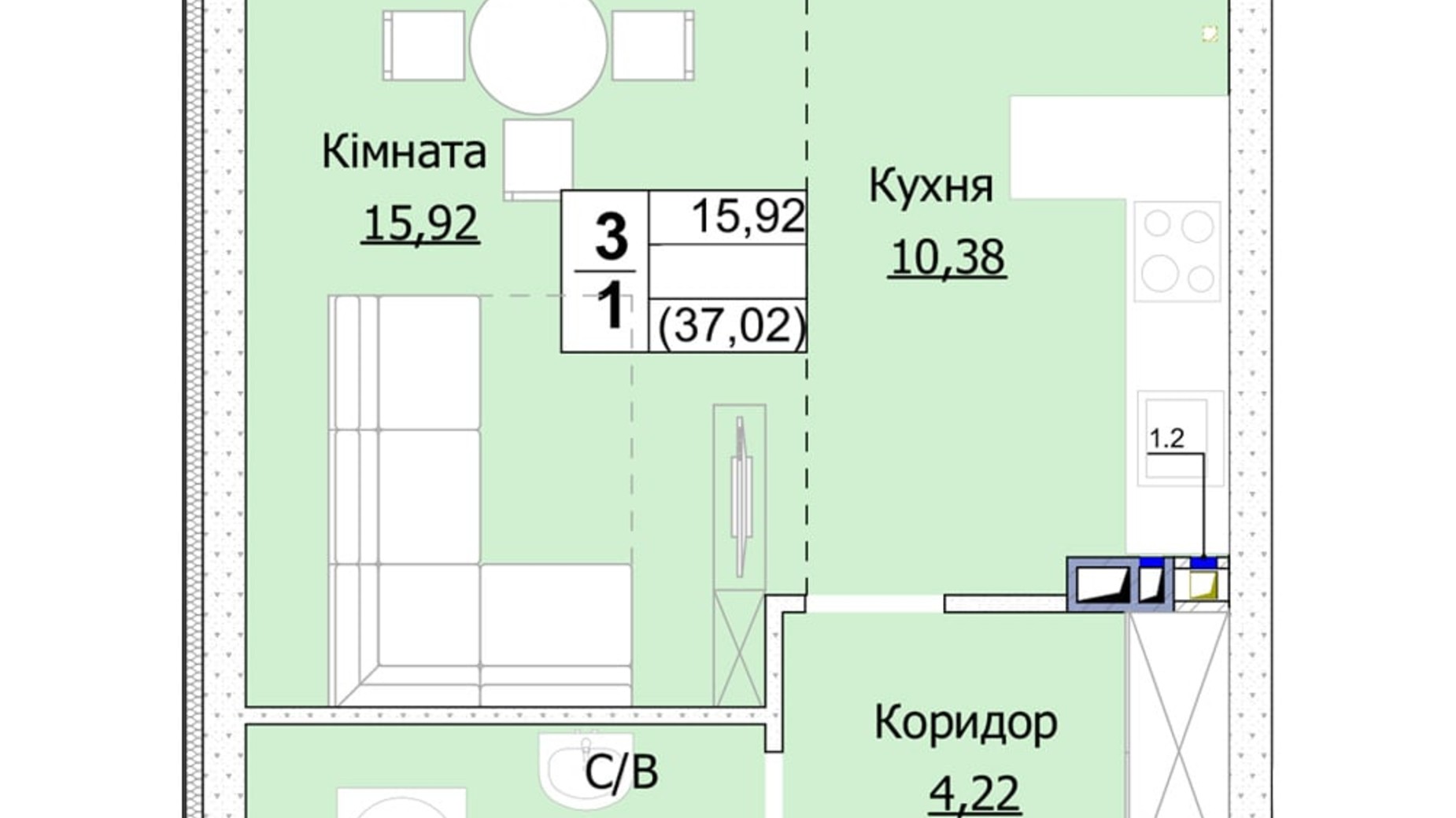 Планування 1-кімнатної квартири в ЖК Гостомель Сіті 37 м², фото 235744