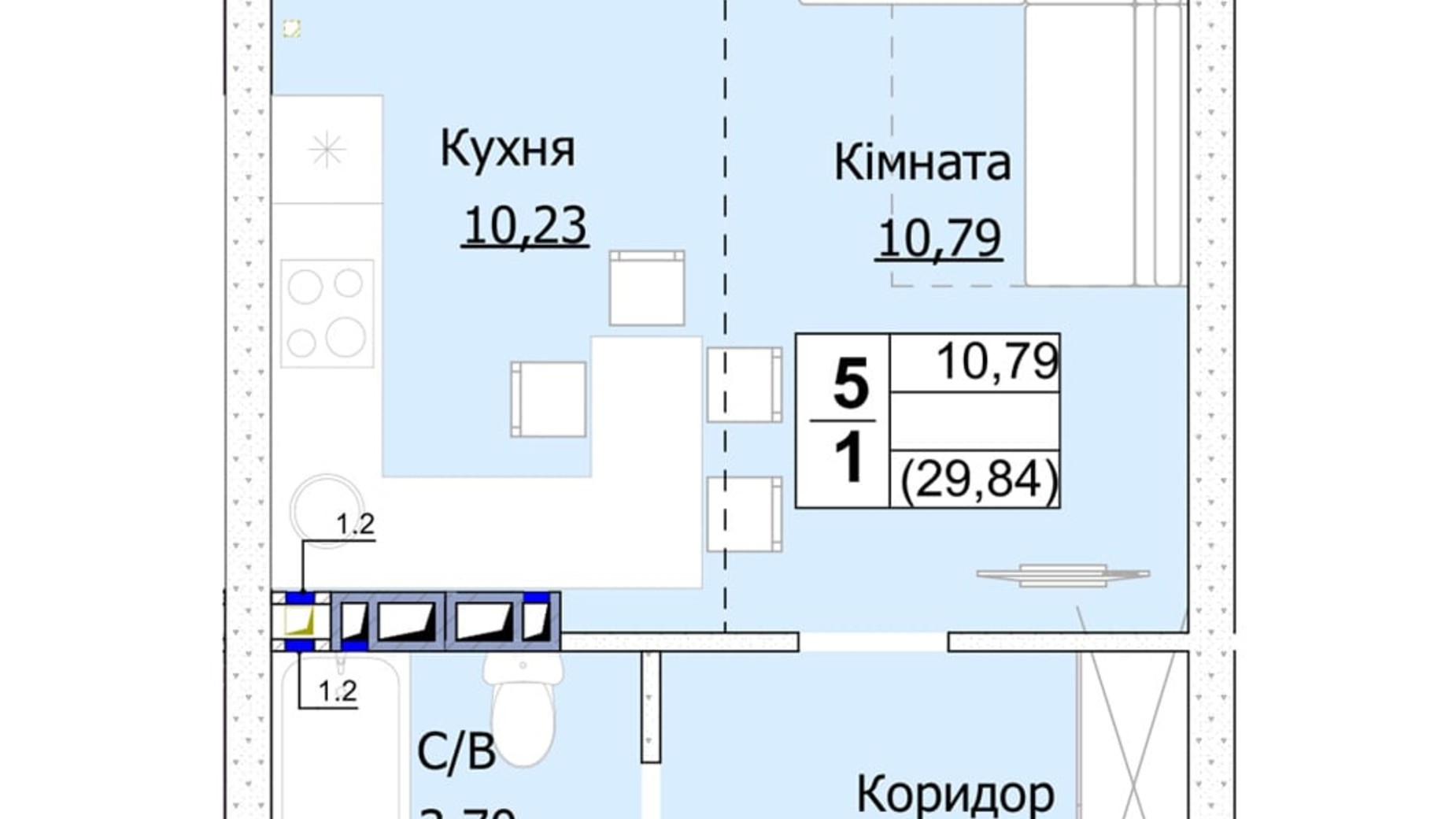 Планування 1-кімнатної квартири в ЖК Гостомель Сіті 30 м², фото 235745