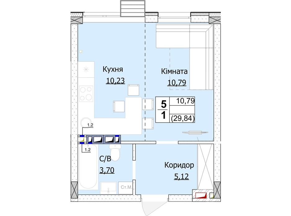Планировка 1-комнатной квартиры в ЖК Гостомель Сити 30 м², фото 235745 Планировка 1-комнатной квартиры в ЖК Гостомель Сити 30 м², фото 235745