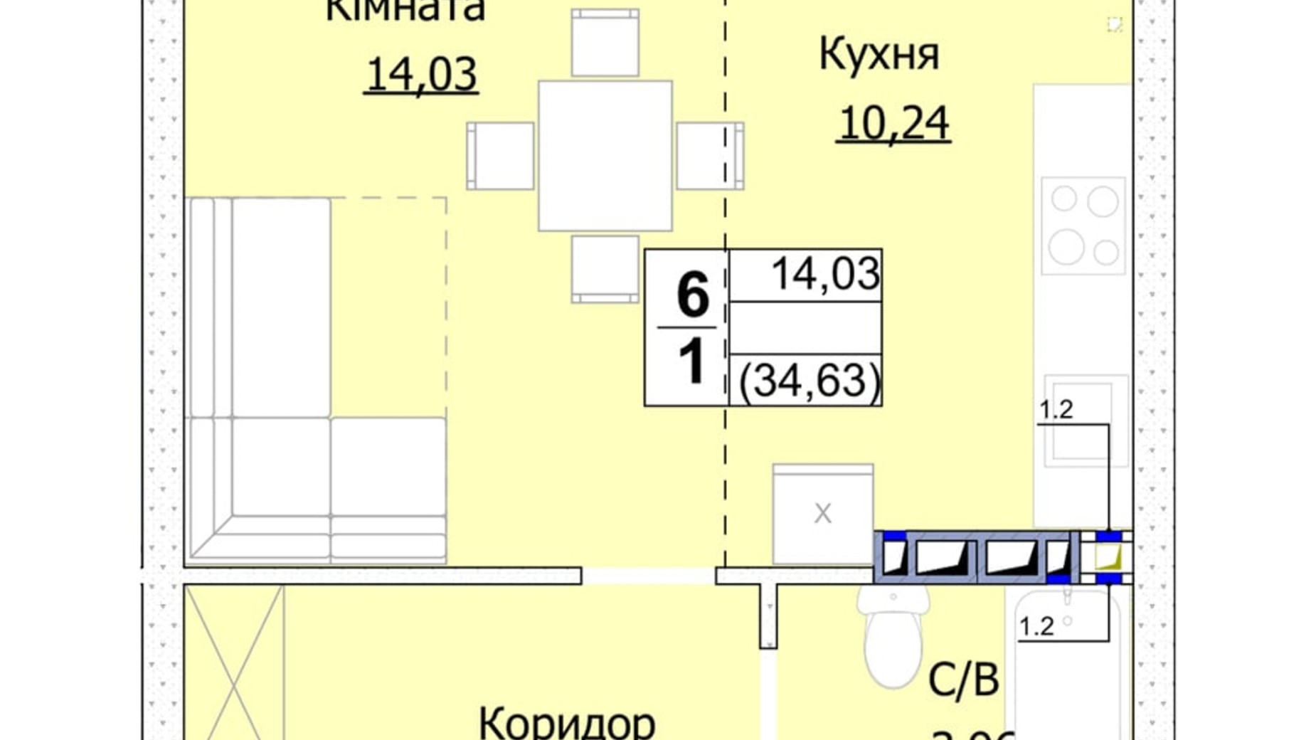 Планування 1-кімнатної квартири в ЖК Гостомель Сіті 35 м², фото 235746