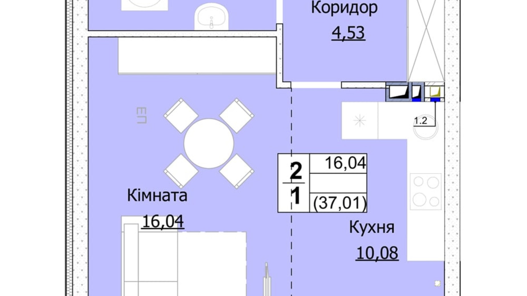 Планировка 1-комнатной квартиры в ЖК Гостомель Сити 37 м², фото 235747