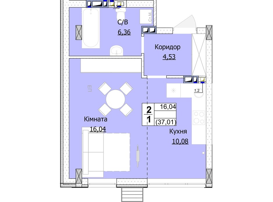 Планування 1-кімнатної квартири в ЖК Гостомель Сіті 37 м², фото 235747 Планування 1-кімнатної квартири в ЖК Гостомель Сіті 37 м², фото 235747