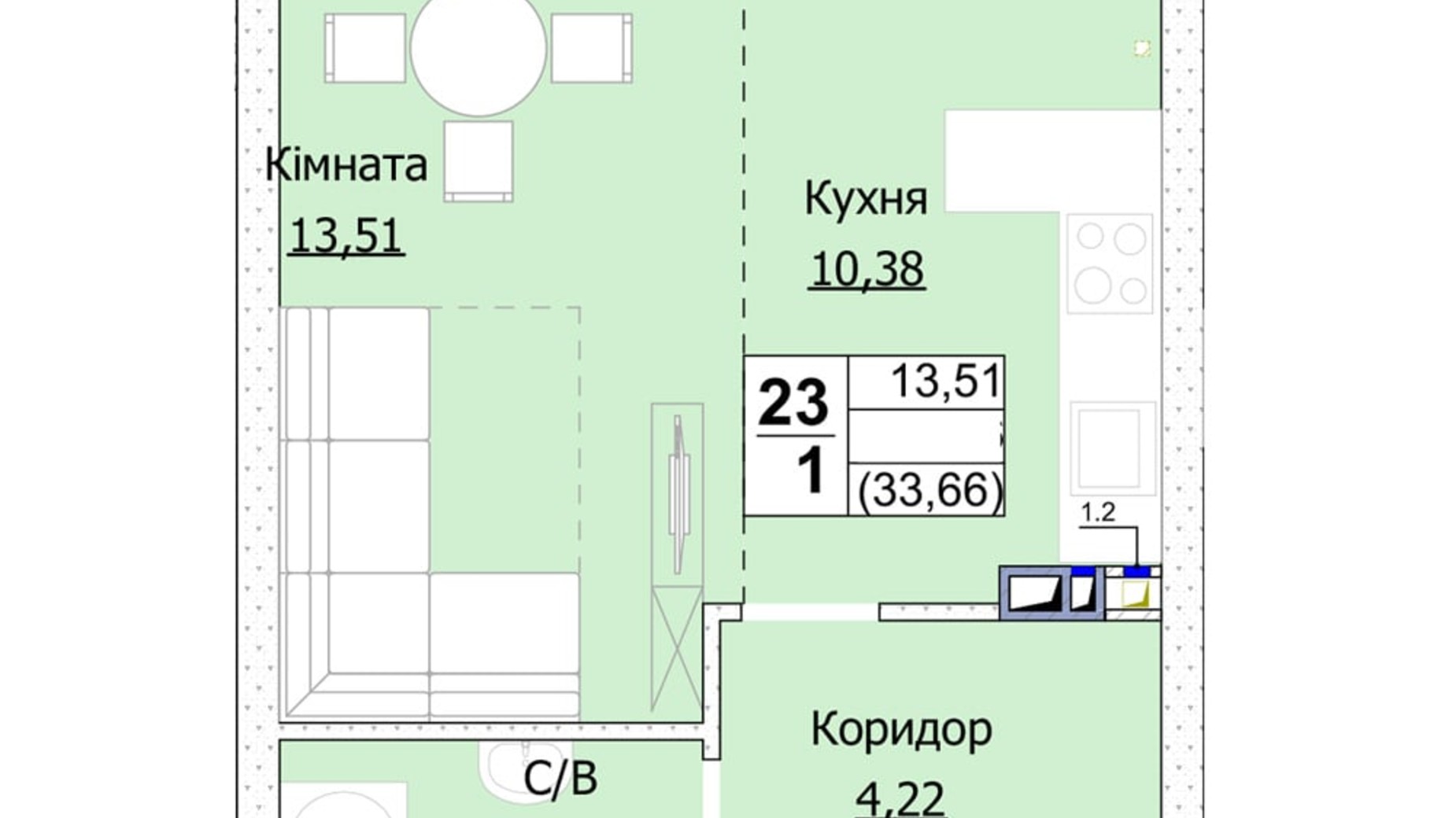 Планировка 1-комнатной квартиры в ЖК Гостомель Сити 34 м², фото 235748