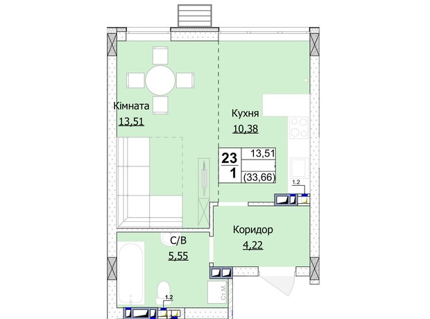 ЖК Гостомель Сіті: планування 1-кімнатної квартири 34 м²