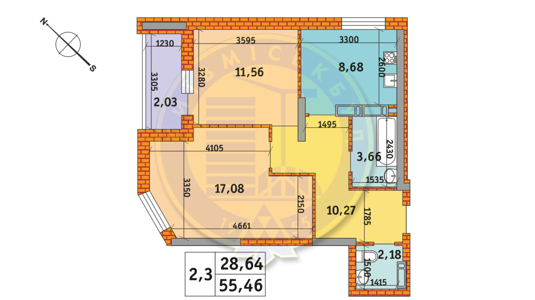 ЖК Обериг-2, Киев: двухкомнатная планировка 55.46 м² (секция 1, дом 2) по  цене 2622537 грн от застройщика Киевгорстрой | DIM.RIA