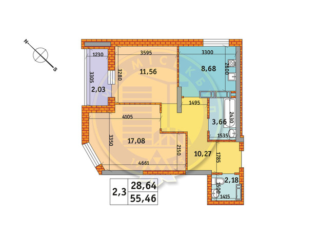 ЖК Оберіг-2: планування 2-кімнатної квартири 55.46 м²