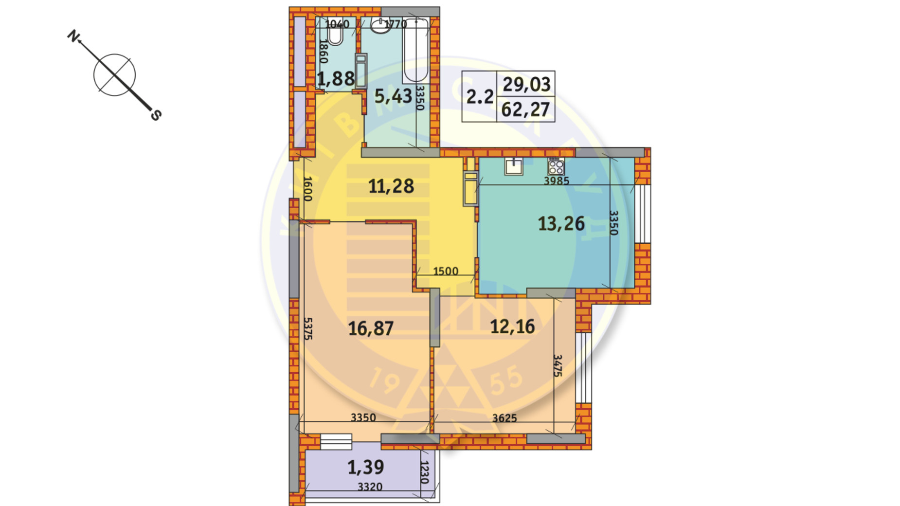 Планування 2-кімнатної квартири в ЖК Оберіг-2 62.27 м², фото 235769