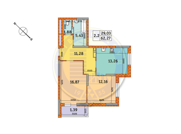 ЖК Оберіг-2: планування 2-кімнатної квартири 62.27 м²