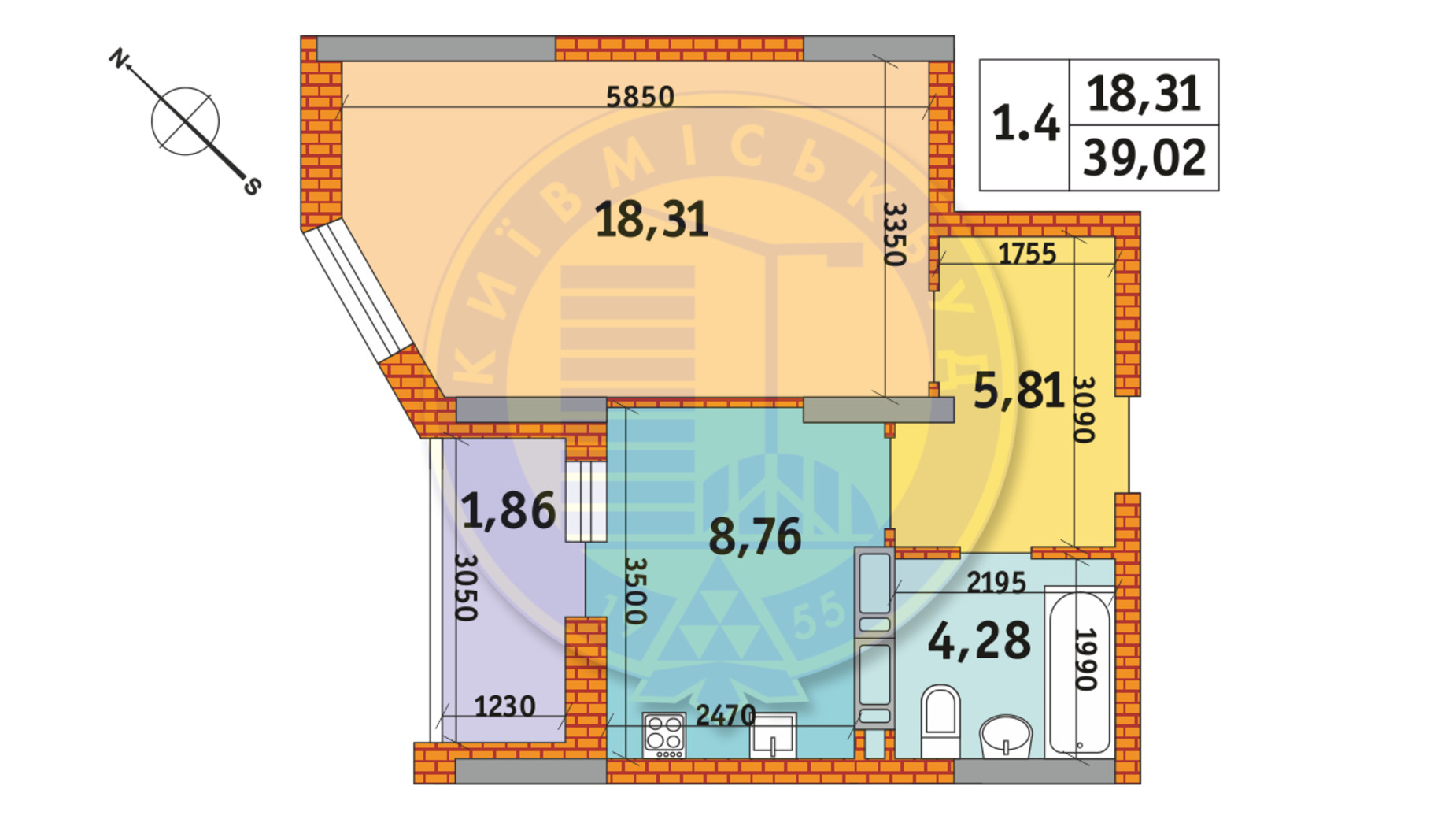 Планировка 1-комнатной квартиры в ЖК Обериг-2 39.02 м², фото 235770