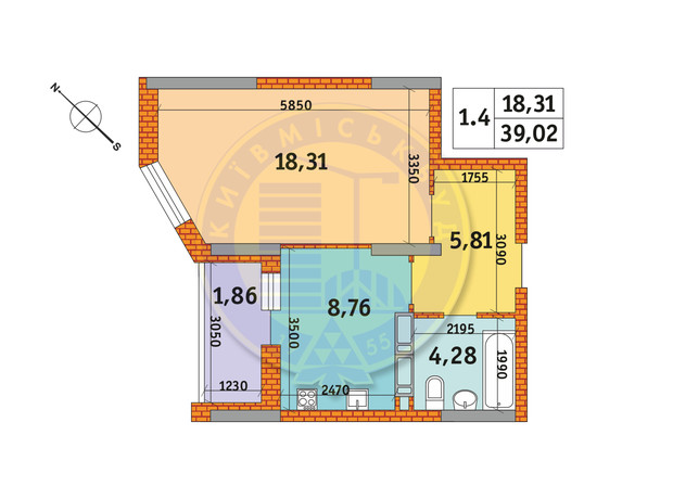 ЖК Обериг-2: планировка 1-комнатной квартиры 39.02 м²