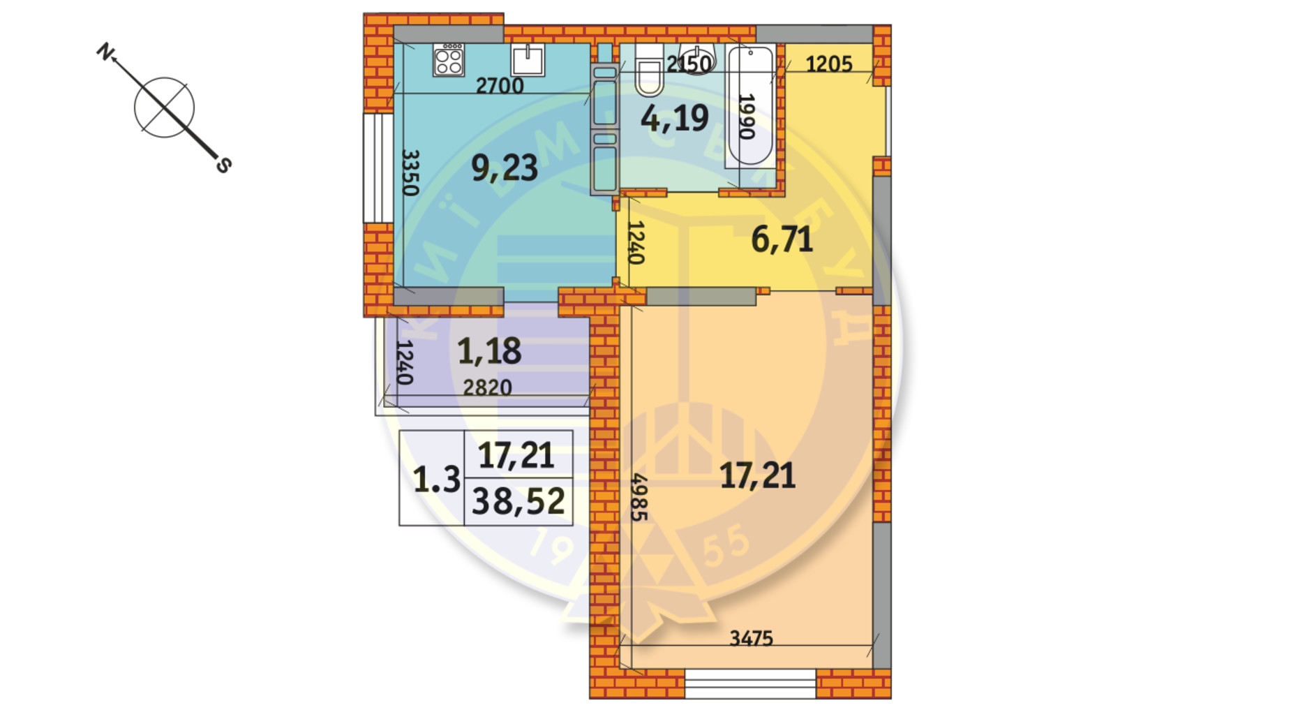 Планування 1-кімнатної квартири в ЖК Оберіг-2 38.52 м², фото 235771