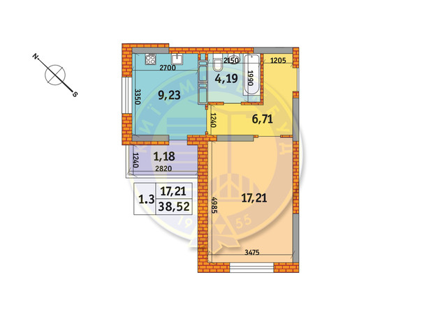 ЖК Оберіг-2: планування 1-кімнатної квартири 38.52 м²