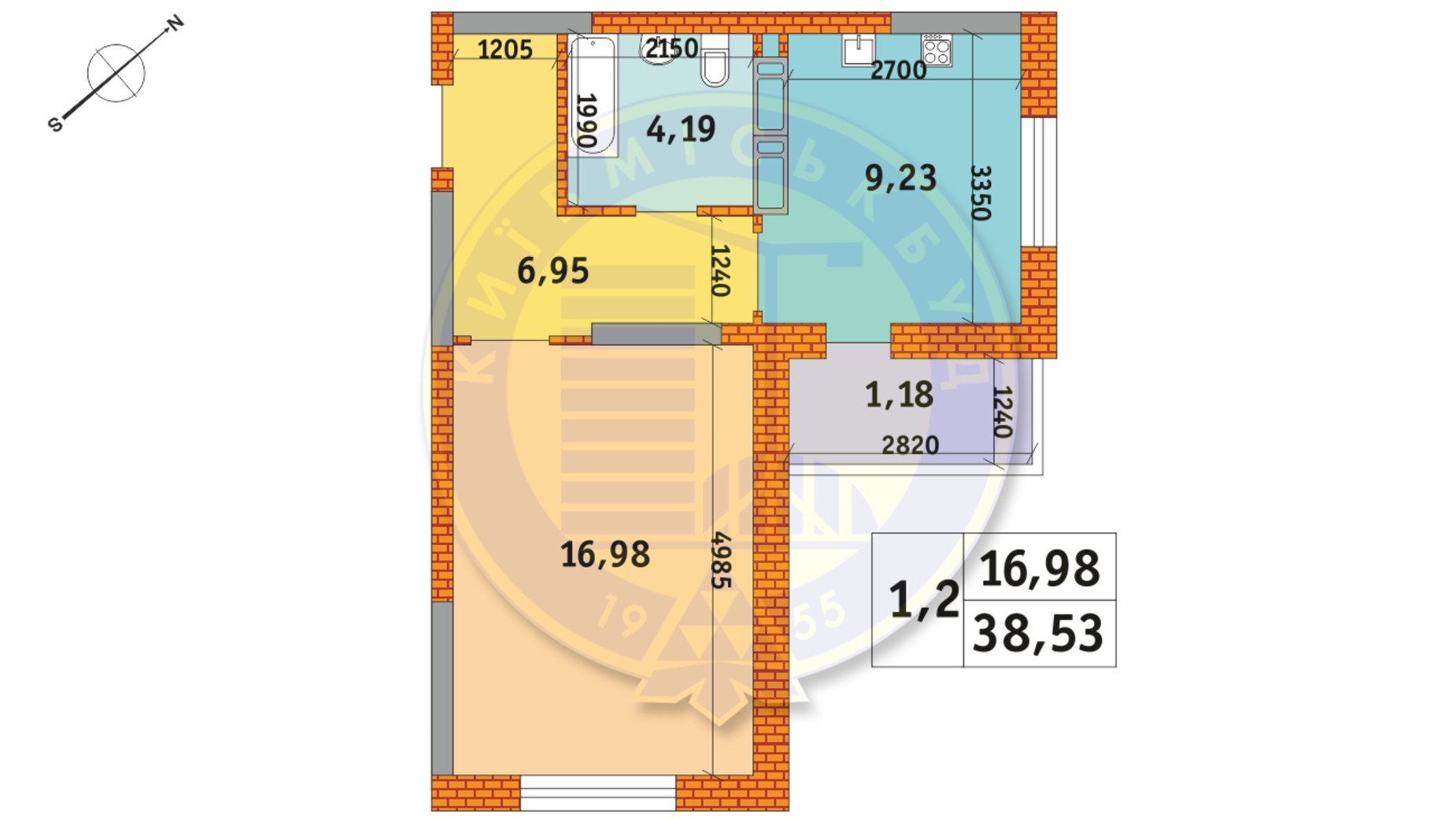 Планировка 1-комнатной квартиры в ЖК Обериг-2 38.53 м², фото 235837