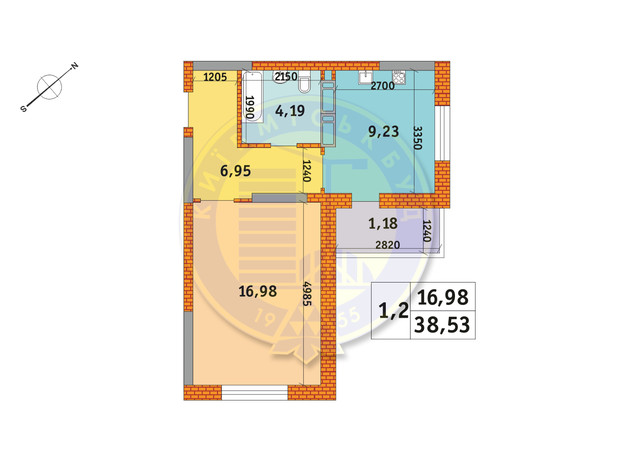 ЖК Оберіг-2: планування 1-кімнатної квартири 38.53 м²