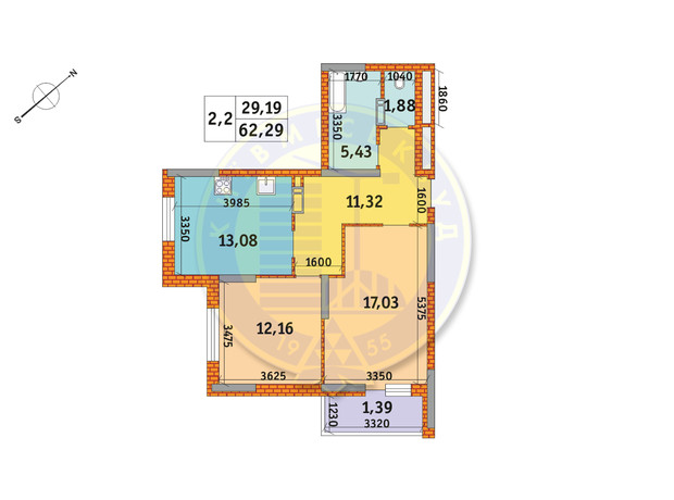 ЖК Оберіг-2: планування 2-кімнатної квартири 62.29 м²