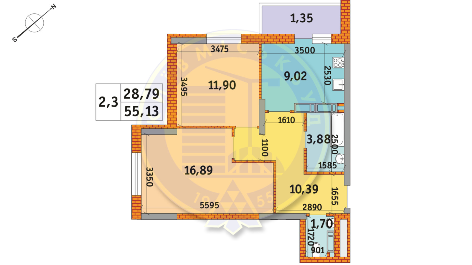 Планування 2-кімнатної квартири в ЖК Оберіг-2 55.13 м², фото 235839