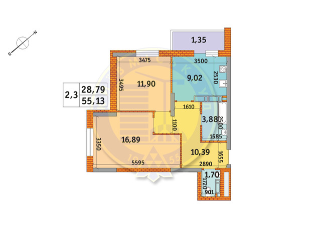 ЖК Оберіг-2: планування 2-кімнатної квартири 55.13 м²
