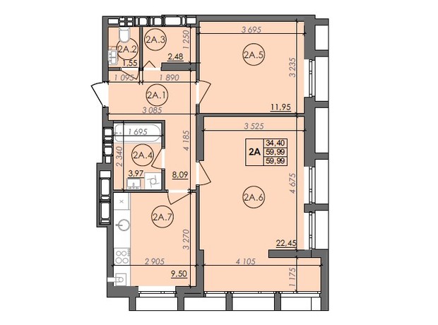 ЖК Panorama: планировка 2-комнатной квартиры 60 м²