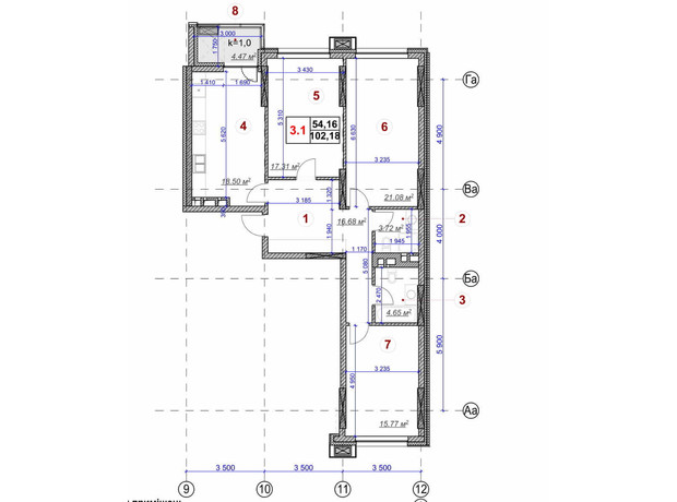 ЖК Ярославов Град: планировка 3-комнатной квартиры 102.18 м²