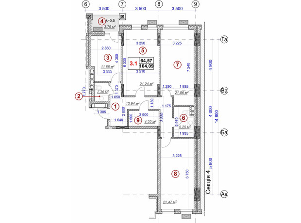 ЖК Ярославов Град: планировка 3-комнатной квартиры 104.09 м²