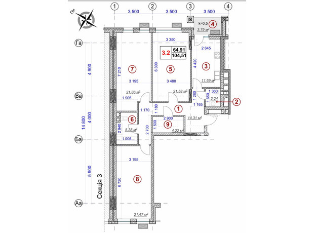 ЖК Ярославів Град: планування 3-кімнатної квартири 104.51 м²