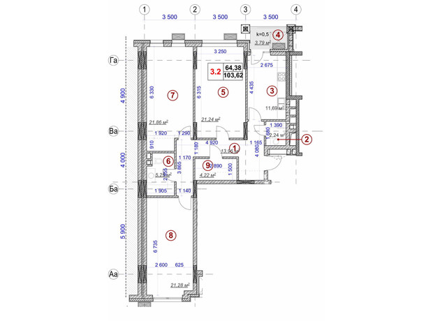 ЖК Ярославів Град: планування 3-кімнатної квартири 103.62 м²