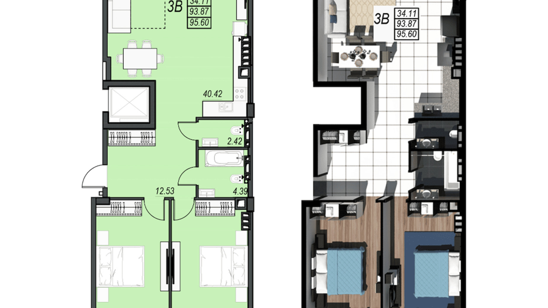 Планировка 3-комнатной квартиры в ЖК Sunrise City 95.6 м², фото 236293