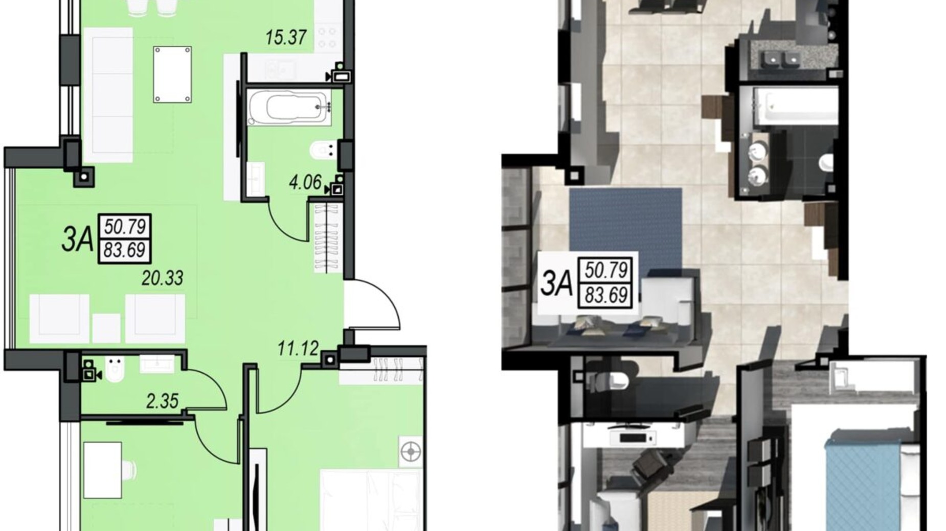 Планування вільне планування квартири в ЖК Sunrise City 88.91 м², фото 236295