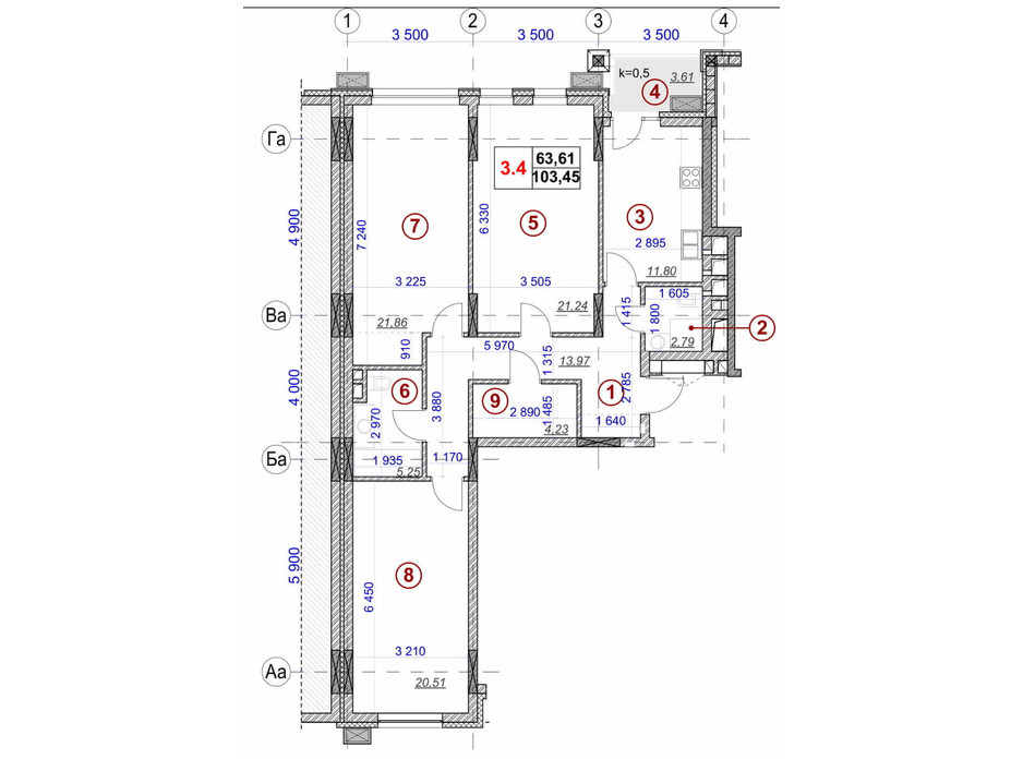 Планировка 3-комнатной квартиры в ЖК Ярославов Град 103.45 м², фото 236297 Планировка 3-комнатной квартиры в ЖК Ярославов Град 103.45 м², фото 236297