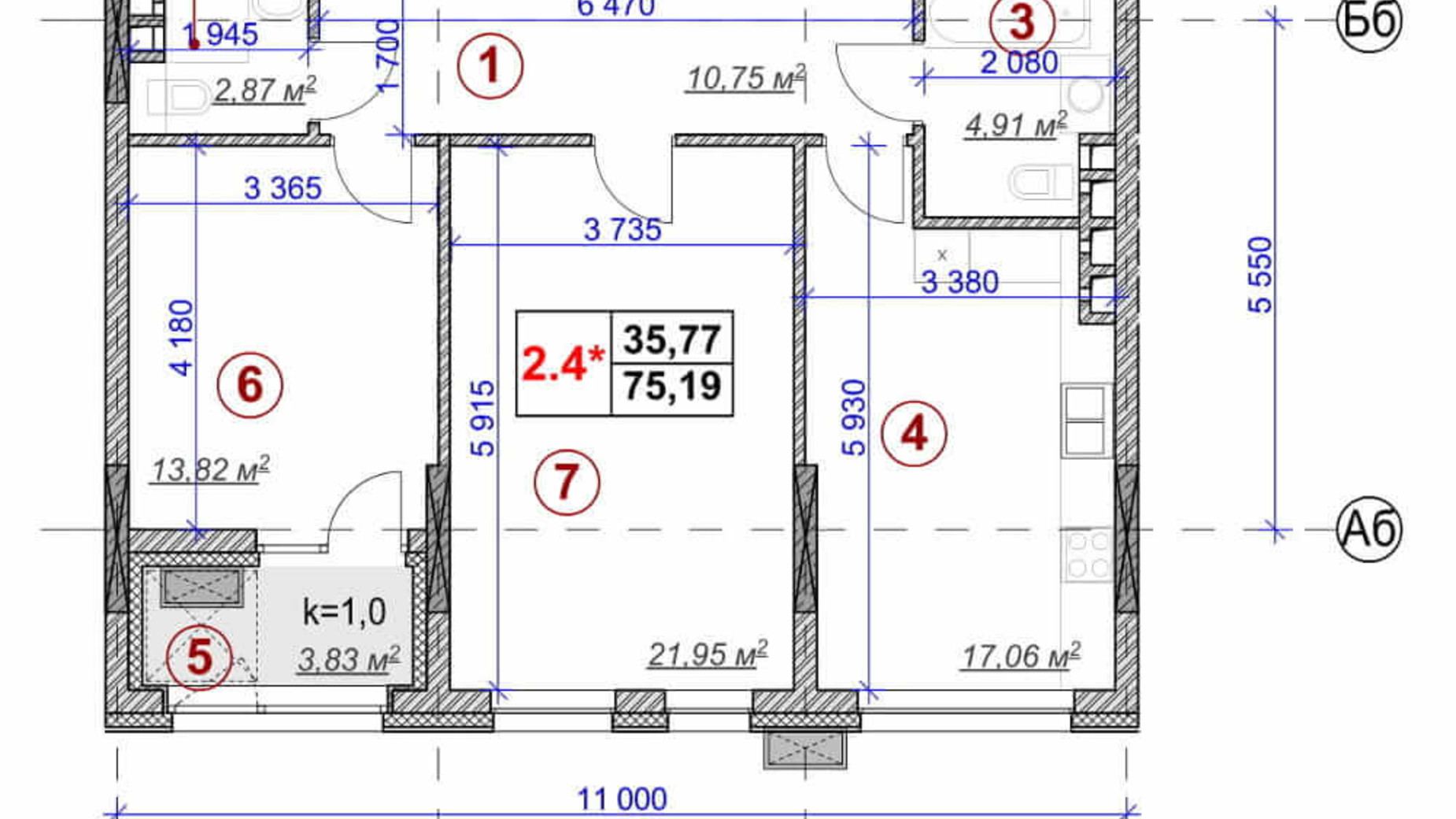 Планировка 2-комнатной квартиры в ЖК Ярославов Град 75.19 м², фото 236300