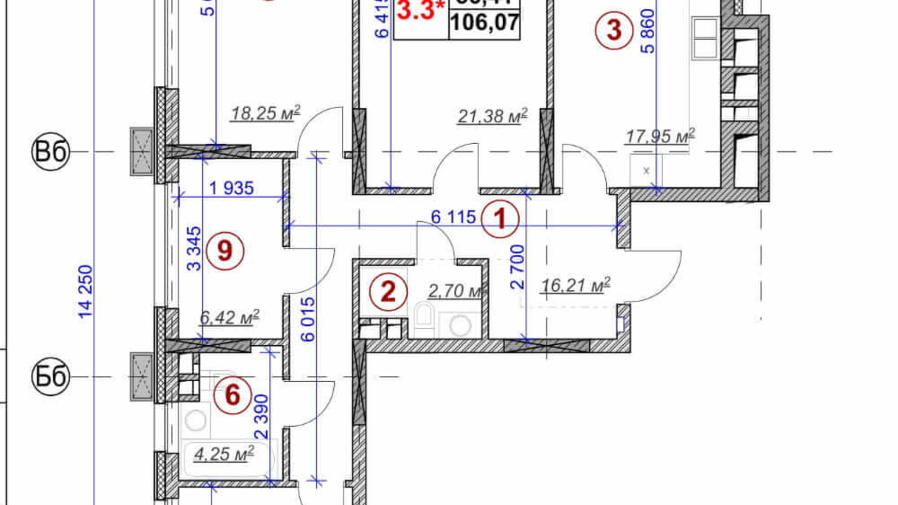 Планировка 3-комнатной квартиры в ЖК Ярославов Град 106.07 м², фото 236303