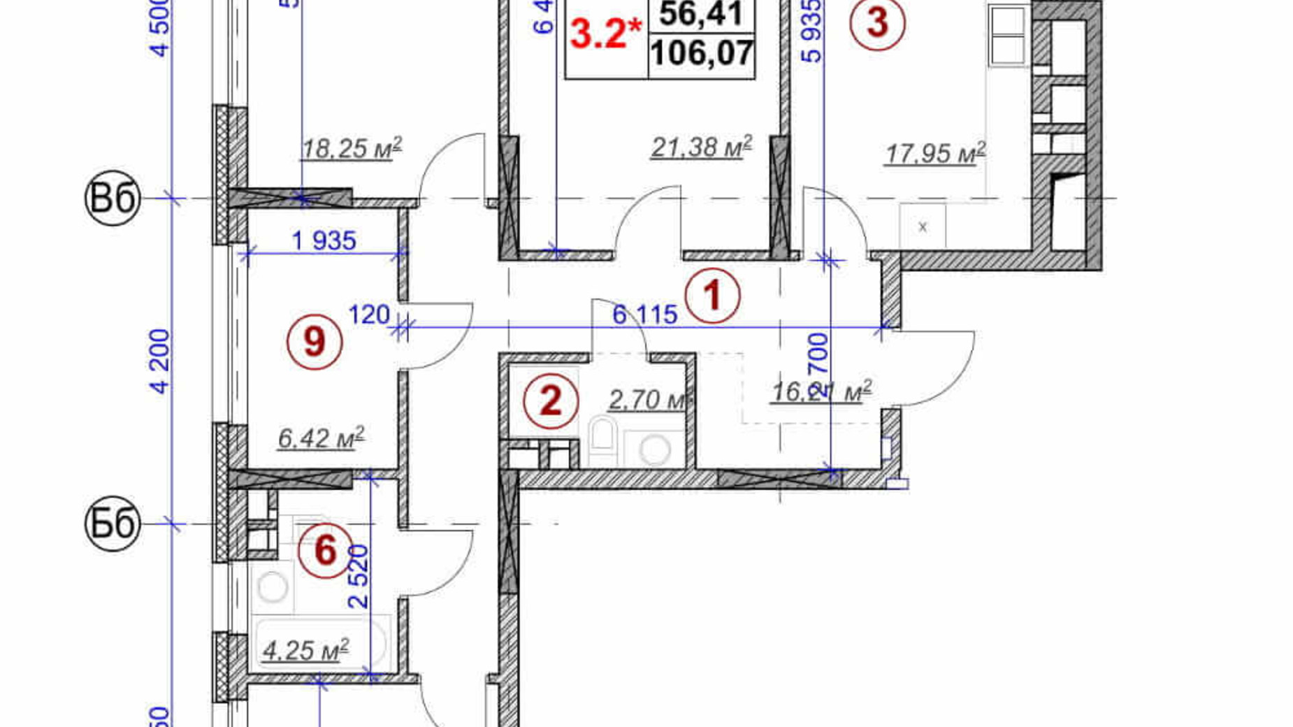 Планировка 3-комнатной квартиры в ЖК Ярославов Град 106.07 м², фото 236306