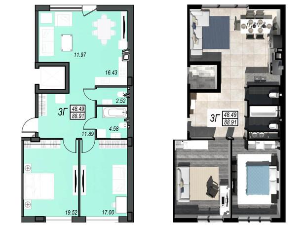 ЖК Sunrise City: свободная планировка квартиры 88.91 м²