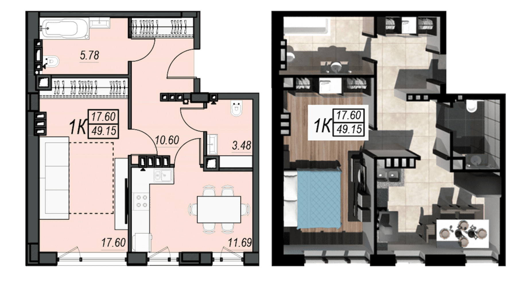 Планування 1-кімнатної квартири в ЖК Sunrise City 49.15 м², фото 236319