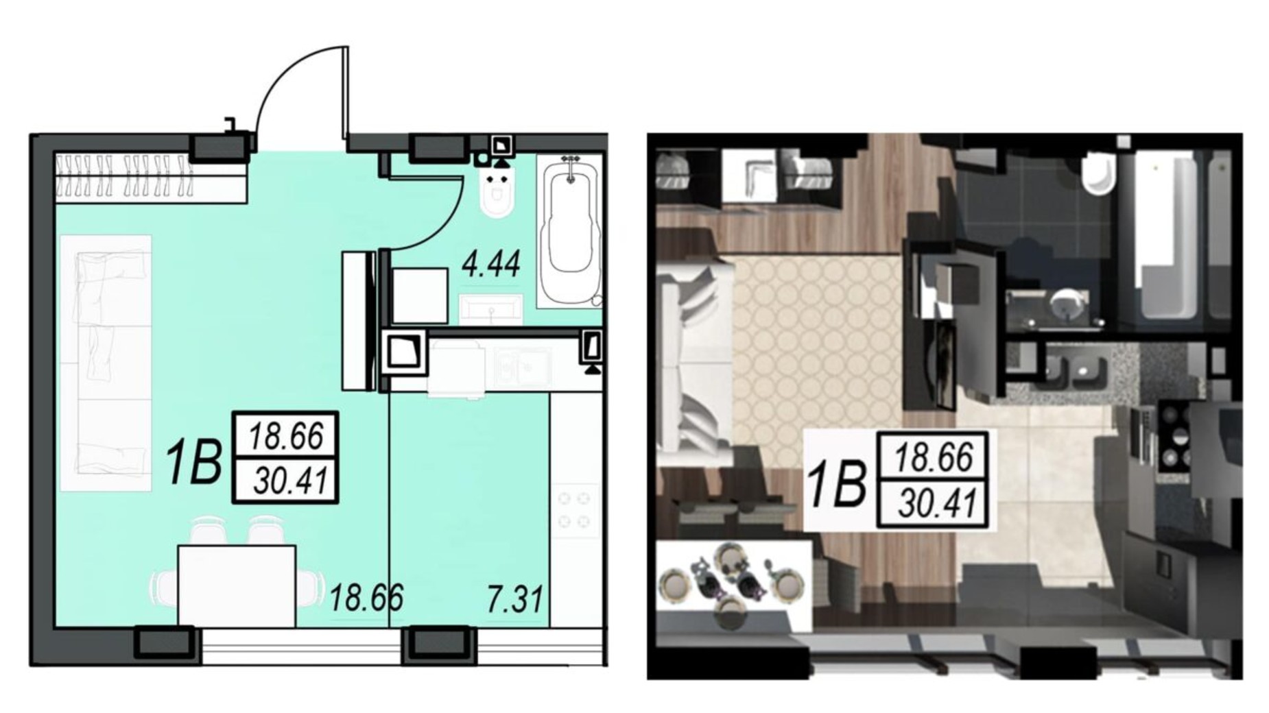 Планировка смарт квартиры в ЖК Sunrise City 30.41 м², фото 236323