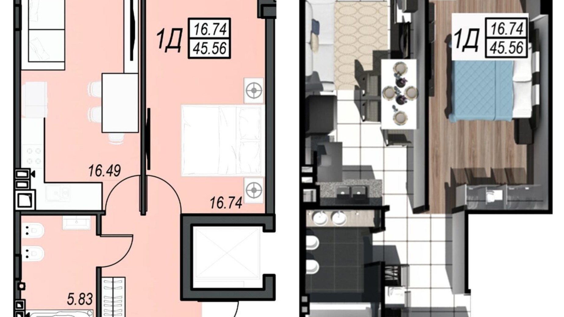 Планування 1-кімнатної квартири в ЖК Sunrise City 45.56 м², фото 236325