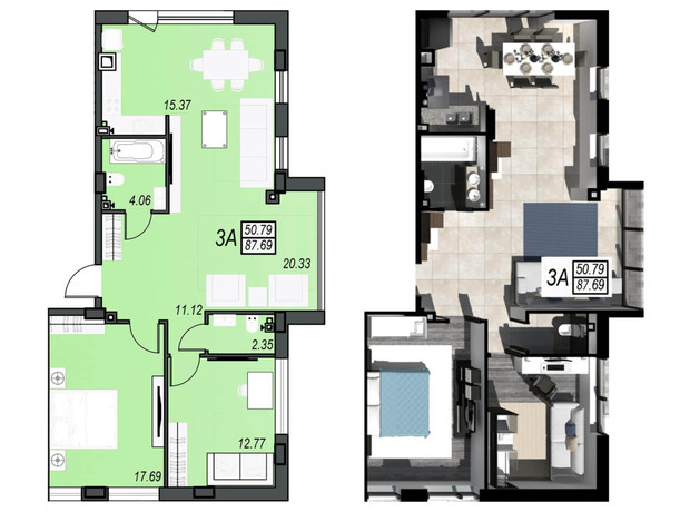 ЖК Sunrise City: свободная планировка квартиры 87.69 м²