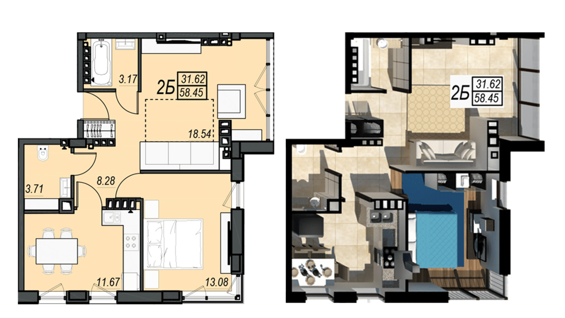 Планировка 2-комнатной квартиры в ЖК Sunrise City 58.45 м², фото 236329