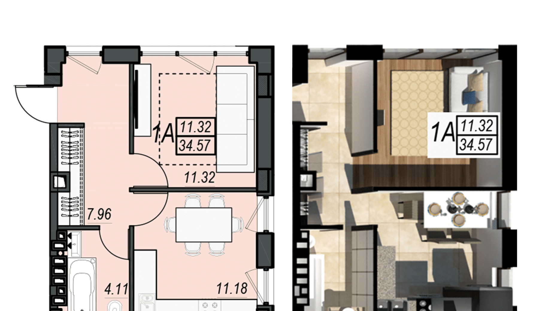 Планировка 1-комнатной квартиры в ЖК Sunrise City 34.57 м², фото 236330