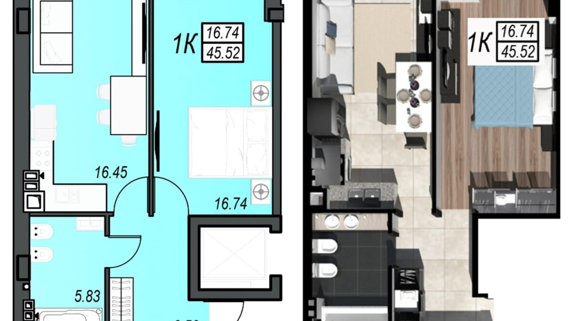 Планування 1-кімнатної квартири в ЖК Sunrise City 45.26 м², фото 236334