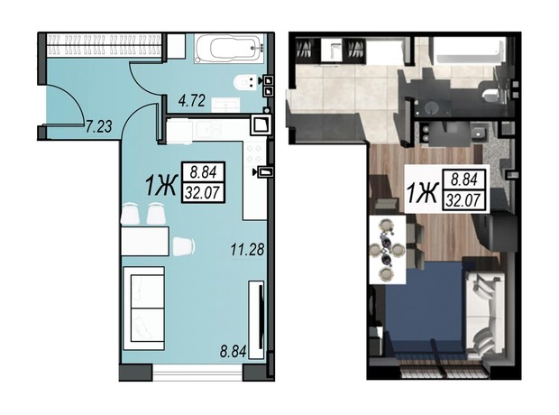 ЖК Sunrise City: планування 1-кімнатної квартири 31.95 м²