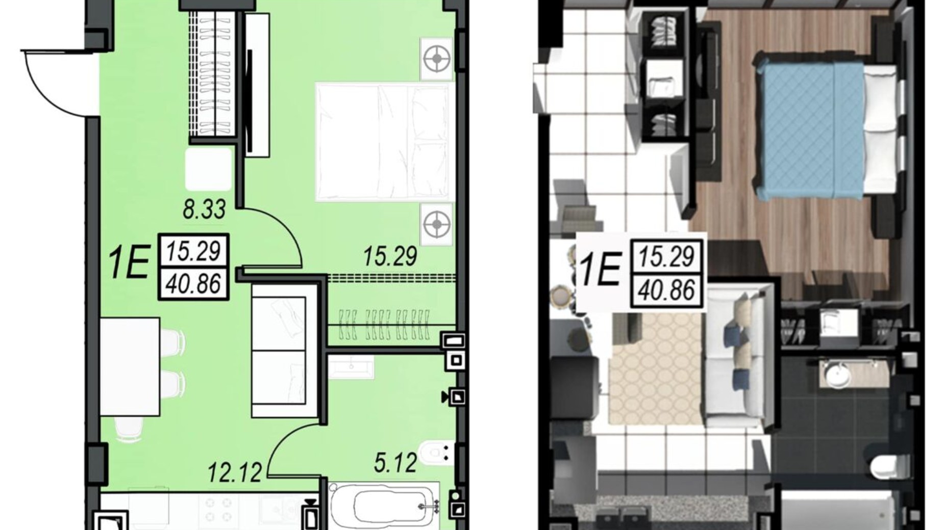 Планування 1-кімнатної квартири в ЖК Sunrise City 40.78 м², фото 236336