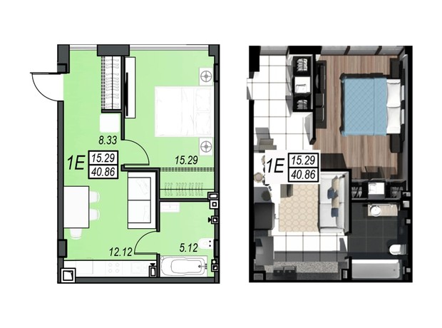 ЖК Sunrise City: планування 1-кімнатної квартири 40.78 м²